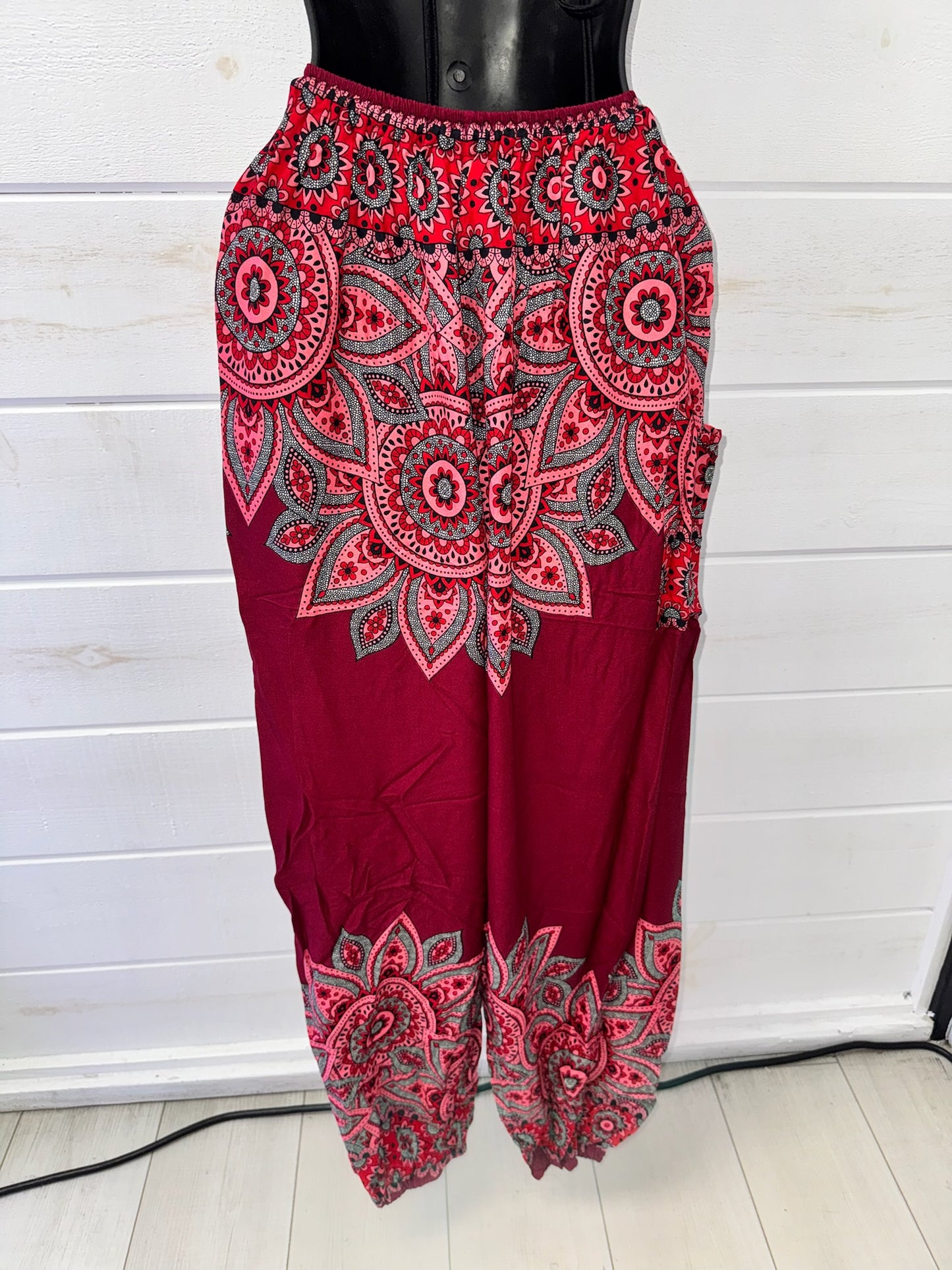 Crimson Bloom Rayon Harem Pants