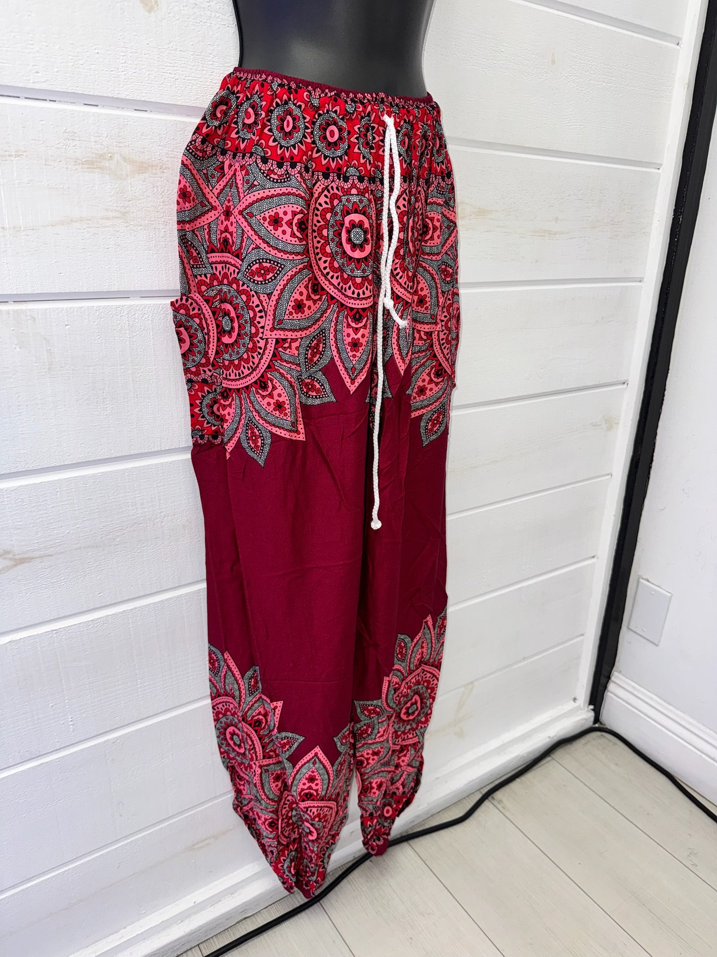 Crimson Bloom Rayon Harem Pants