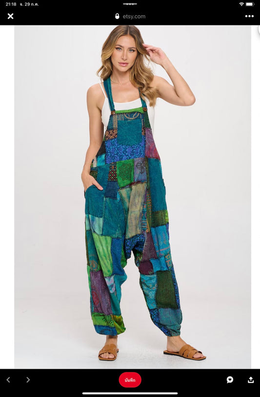 Blue Patchwork Overalls