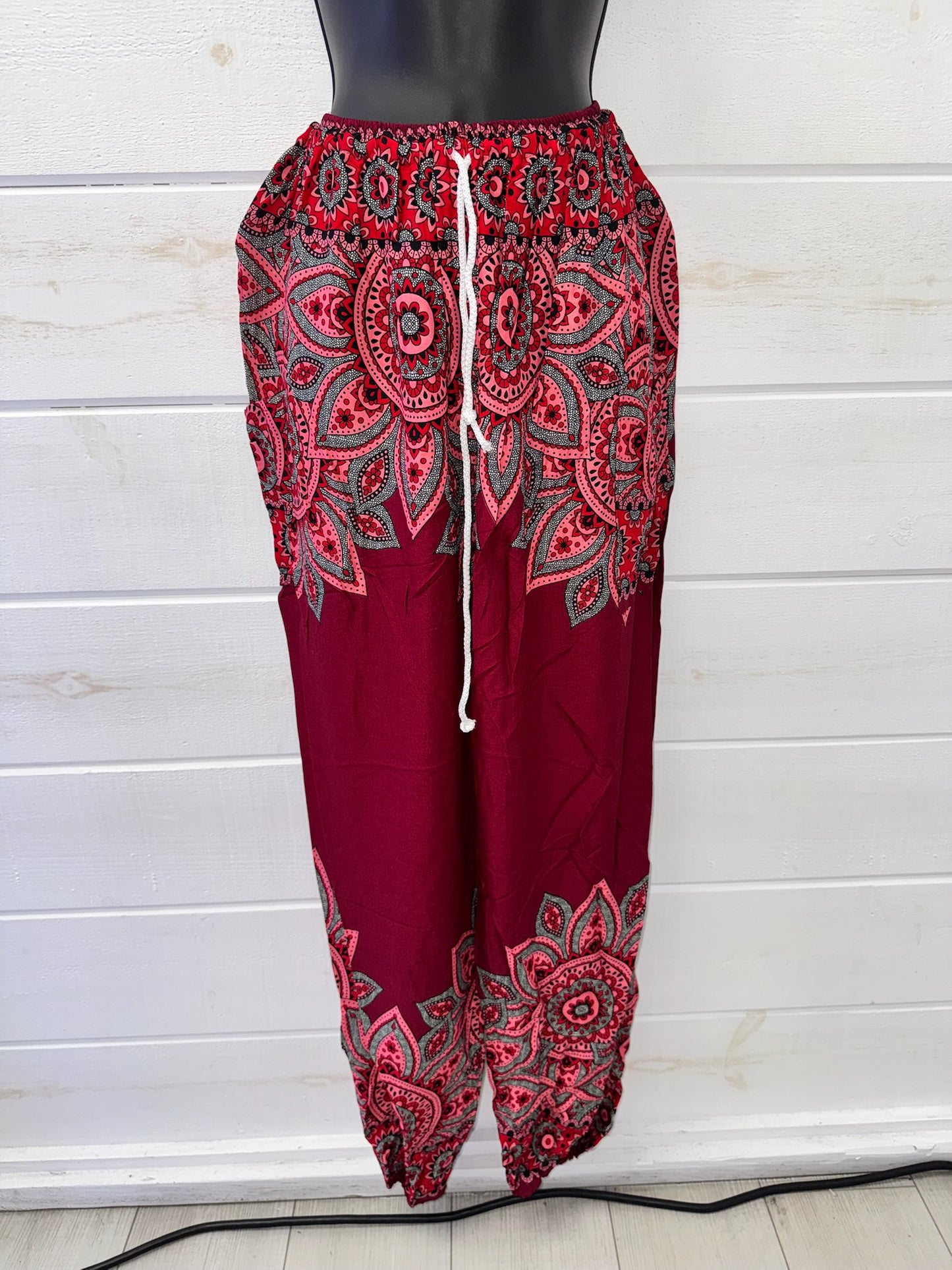 Crimson Bloom Rayon Harem Pants