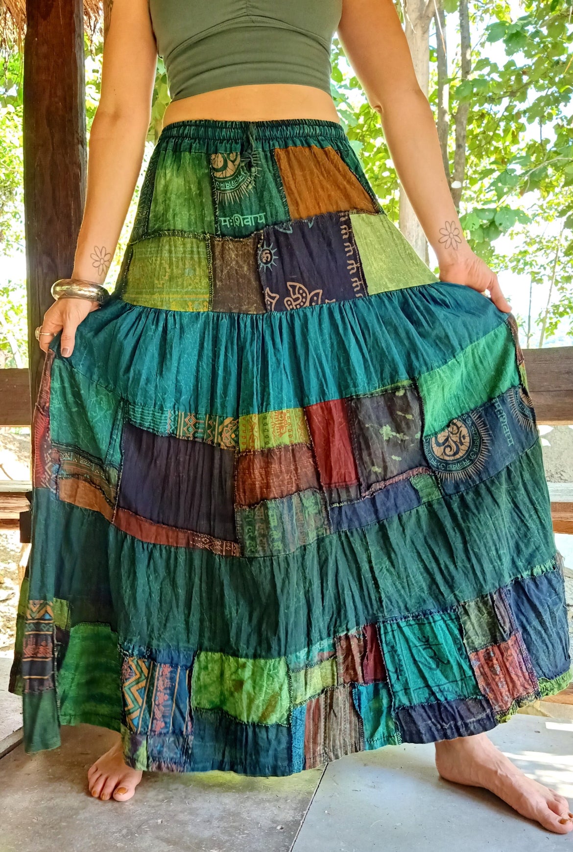 Green Patchwork Maxi Skirt