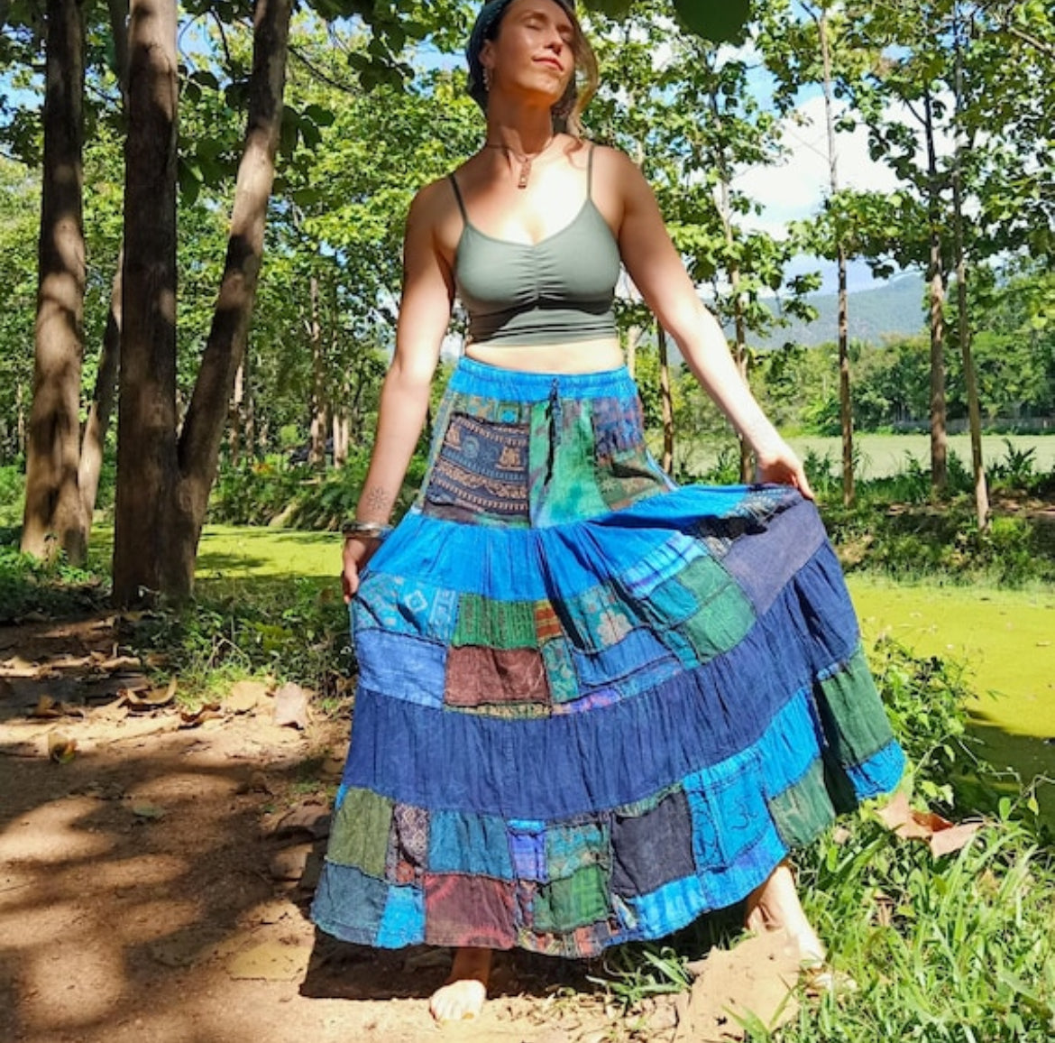 Blue Patchwork Maxi Skirt