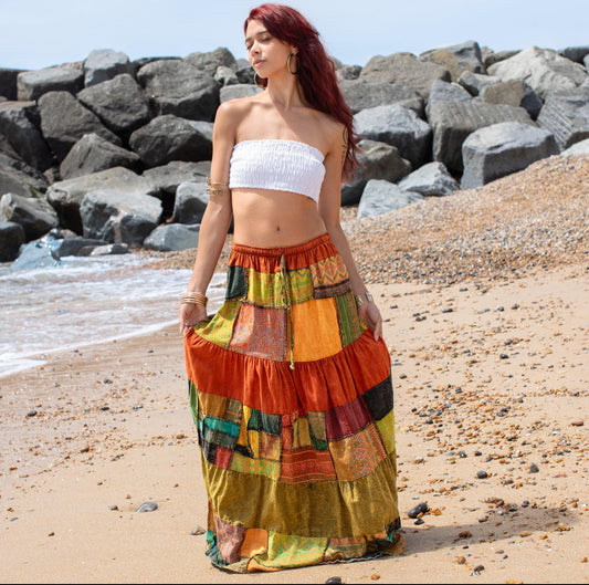 Orange Patchwork Maxi Skirt